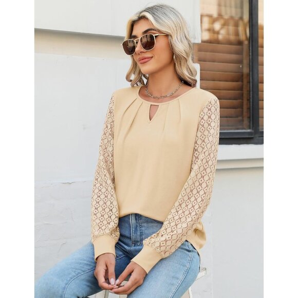 Blouses Lace Long Sleeve Tops Crewneck Keyhole Shirts Fall Clothes For Women - Picture 3 of 5